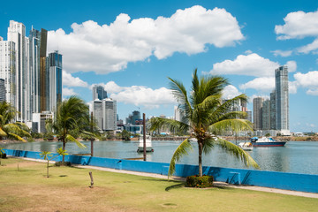 Fototapeta na wymiar Public park and skyline at coast promenade in Panama City - Avenida Balboa