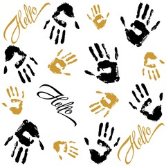 Fototapeta premium Pattern. Sketch of palm prints of a person and the phrase Hello. Ornament . Decor for fabric and wrapping paper. A decorative background. Vector