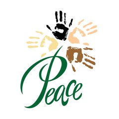 Peace.Lettering. Peace on earth. The solidarity of the peoples. The palm of people of different nationalities. There is no war. The friendship of peoples. Vector illustration.