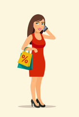 Young female talking on phone with shopping bags isolated. Vector flat style illustration