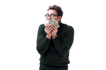 Young man with money isolated on white