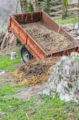 Dung and hay discharged from a rusty cart on the grass inside a mountain farm