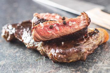 Sliced medium rare grilled steak