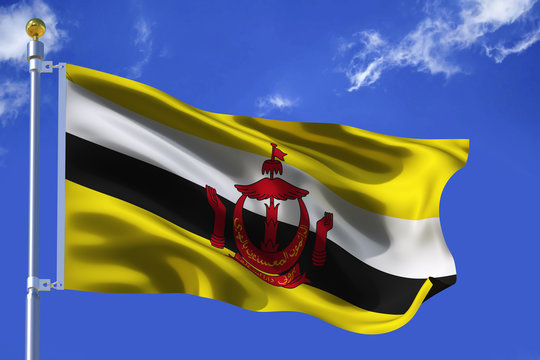 The silk waving flag of Brunei with a flagpole on a blue sky background with clouds .3D illustration.