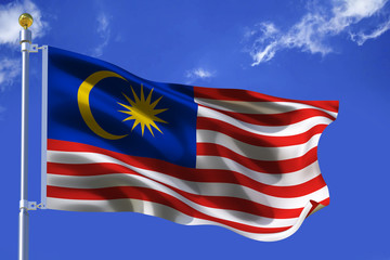 The silk waving flag of Malaysia with a flagpole on a blue sky background with clouds .3D illustration.