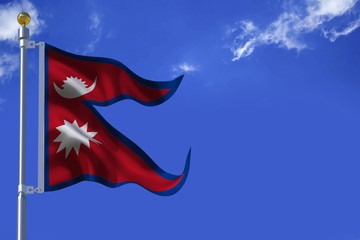 The silk waving flag of Nepal with a flagpole on a blue sky background with clouds .3D illustration.
