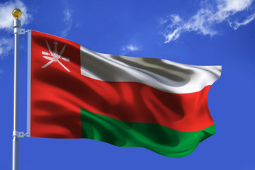 The silk waving flag of Oman with a flagpole on a blue sky background with clouds .3D illustration.