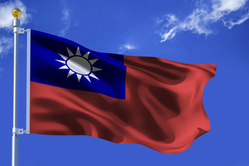 The silk waving flag of Taiwan (Republic of China) with a flagpole on a blue sky background with clouds .3D illustration.