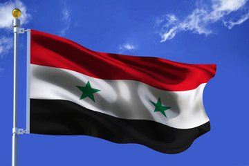 The silk waving flag of Syria with a flagpole on a blue sky background with clouds .3D illustration.