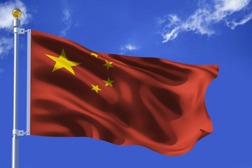 The silk waving flag of People's Republic of China with a flagpole on a blue sky background with clouds .3D illustration.