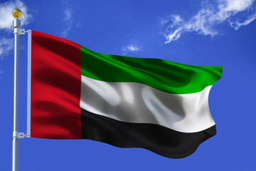 The silk waving flag of .The United Arab Emirates with a flagpole on a blue sky background with clouds .3D illustration.