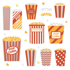 Popcorn boxes icon set. Stripped and polka dotted paper eco friendly recyclable takeout bucket box with corn. Classic movie and theater snack. Fast food or munches for cinema with with emblem.