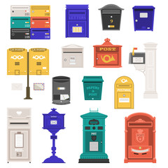 Retro street postbox collection with vertical pillar letter-box, public wall letterboxes and mail posts with envelope and horn symbols. Vintage mailbox set with classic london royal post box icons.