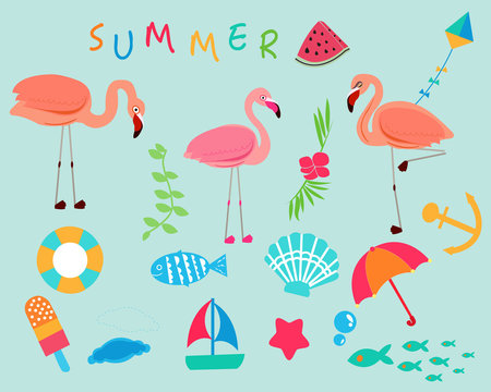 Flamingo with tropical summer colorful summer icon