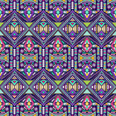 Ethnic pattern. Aztec fabric. Embroidery effect. Tribal ornament. Brazilian or Mexican print. Clothes or interior design. Boho fashion. Traditional homespun textile. Vector seamless pattern.