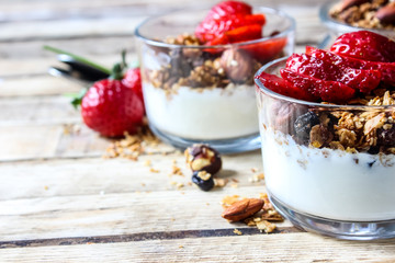 homemade yogurt with granola and strawberry f
