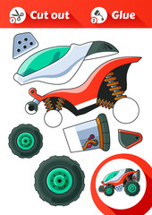 Cut and Glue is an educational game for kids. Red Explorer Vehicle Side View.