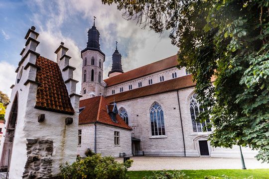 Visby - September 23, 2018: The cathedral of the old town of Visby in Gotland, Sweden
