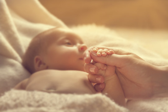 Newborn Baby Holding Mother Hand, New Born Child and Parent, Selective Focus on Family Hands, Kid and Woman