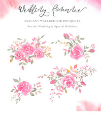 Handpainted watercolor arrangements with rose flowers, rosebuds, leaves.