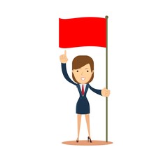 Woman holding red flag. Stock flat vector illustration.