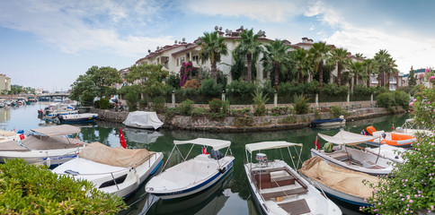 Panorama with boats at the pier in Marmaris, Turkey