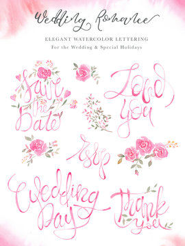 Weddimg lettering calligraphy set with elegant pink design.