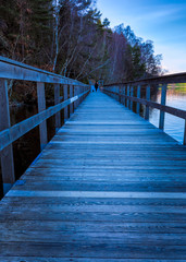 Fototapeta premium Dog walker on a foot bridge Gothenburg,Sweden 2018