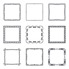 Set of hand drawn decorative square frames and borders. Mono line design templates, isolated on white