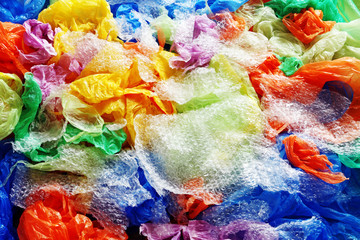A lot of colorful disposable rubbish bags
