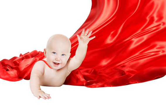 Baby Superhero, Super Hero Child Flying In Red Superman Cape, Six Months Old Kid Boy Fly In Cloak Isolated Over White Background