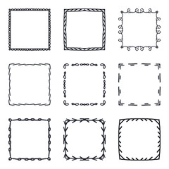 Set of hand drawn decorative square frames and borders. Mono line design templates, isolated on white