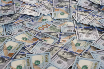 Business finance concept background letterbox panorama of hundred dollars bank notes bills of new...