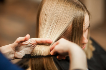 hairdresser stylist cuts with scissors the girl's hair in salon
