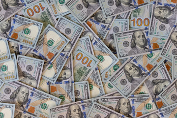 Business finance concept background letterbox panorama of hundred dollars bank notes bills of new...