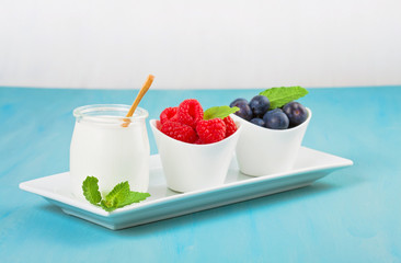 Yogurt with blueberries and raspberies - health and diet concept. Balanced healthy breakfast