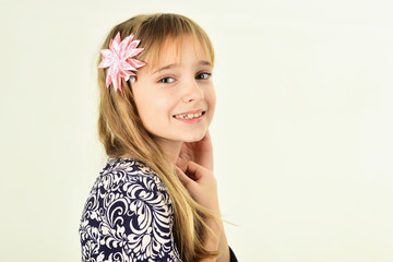 Little girl with long hair. little girl isolated on white background, copy space