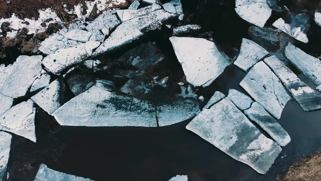Aero shot. Huge pieces of ice on the river during the ice debacle