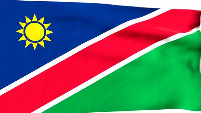 The waving flag of Namibia opens up the view to the position of Namibia on a colored world map