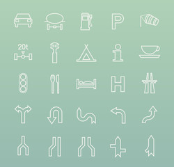 Set of Quality Universal Standard Minimal Simple White Thin Line Traffic Signs Icons on Color Background 