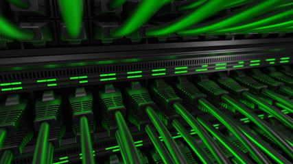 Close-up view of modern internet network switch with plugged ethernet cables. Blinking green lights...