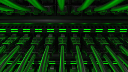 Close-up view of modern internet network switch with plugged ethernet cables. Blinking green lights on internet server. 