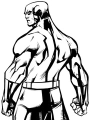 Line art illustration of powerful superhero standing ready for battle.