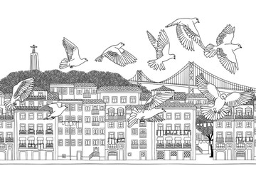 Birds over Lisbon - hand drawn black and white illustration of the city with a flock of pigeons