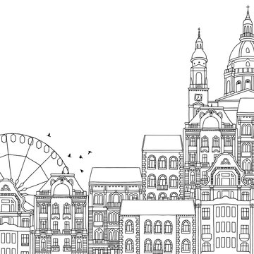 Hand drawn black and white illustration of Budapest, Hungary, with empty space for text