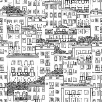 Hand drawn seamless pattern of Portuguese houses