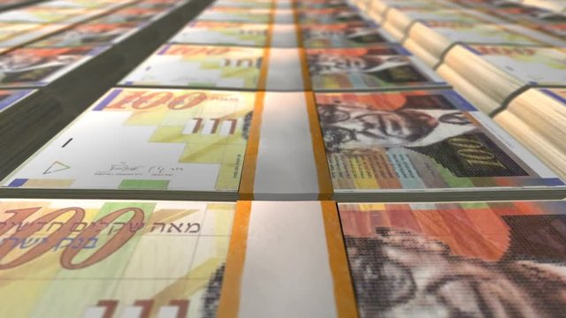 Israeli Stacks Banknotes Money In Loop Mode 
Video Effect simulates Israeli stacks Banknotes Money in loop mode
