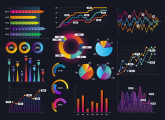 Technology graphics and diagram with options and workflow charts. Vector presentation infographic elements. Digital screen graphic and virtual interface diagram illustration