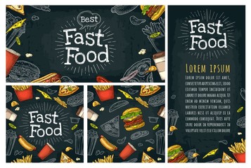 Posters and seamless pattern fast food and lettering.