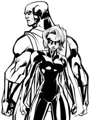 Superhero couple, standing back to back, ready for battle.